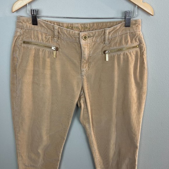 Michael Kors Corduroy Pants 4 Womens Khaki Tan Skinny Leg Zip Pockets MK - Picture 2 of 9
